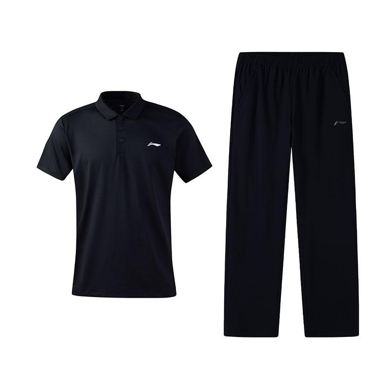Li-Ning Fashion Polo Collar Short Sleeve T-Shirt Casual Sports Suit Men sets Black W517-2+W827-1 XL