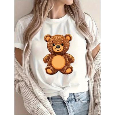 T-shirt Gialla Carina con Grafica Orsetto Teddy - Manica Corta Girocollo Casual da Donna, Collezione Primavera/Estate, Streetwear Versatile per Donne,