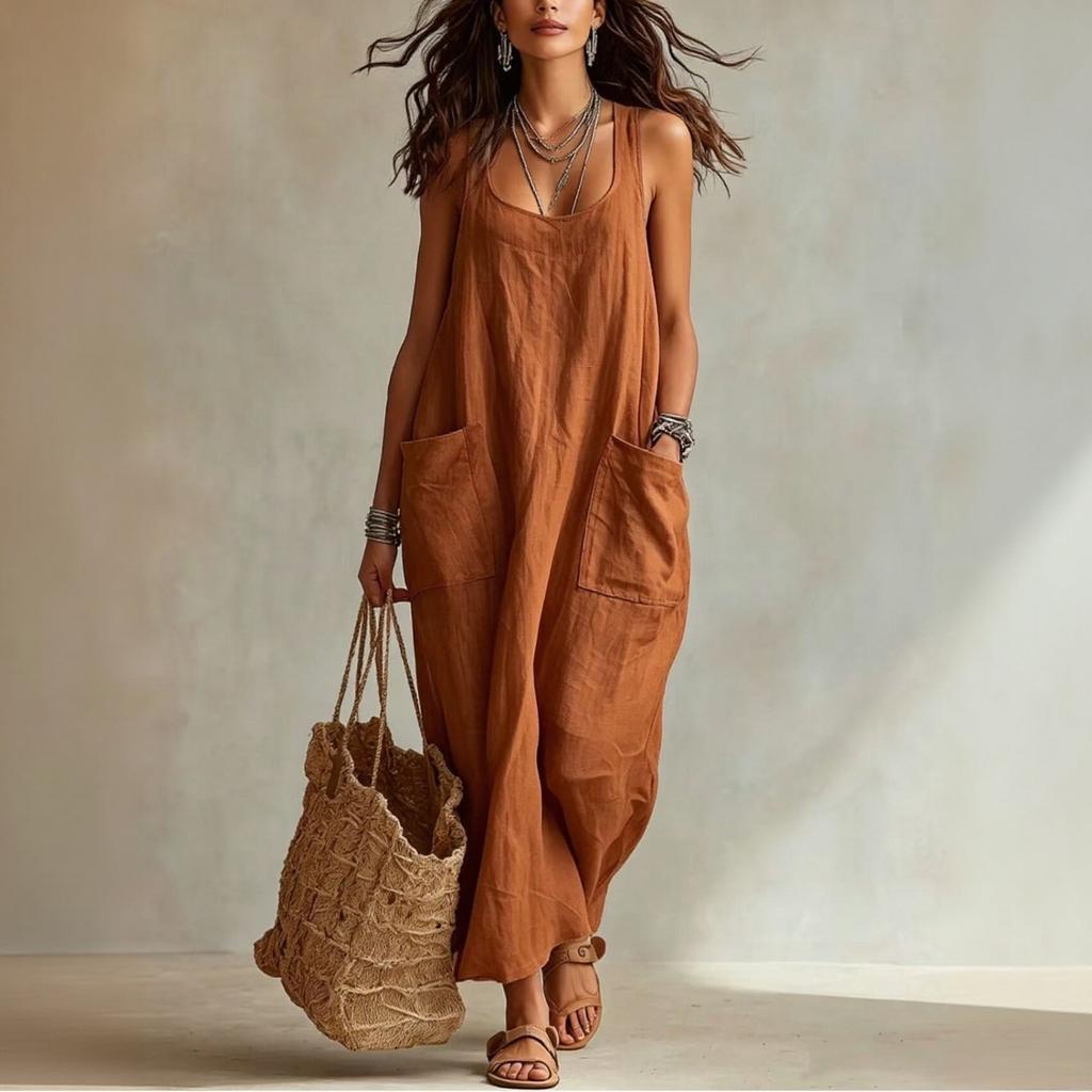 Women Casual Sleeveless Long Dress with Pockets Loose Fit Lightweight Summer Beach Dress Soft Fabric Comfortable Design