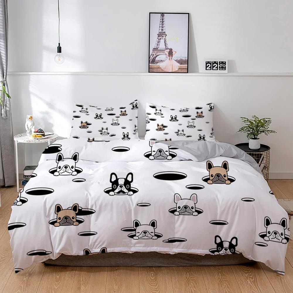 3D Hund Sengetøy Sett Søt Fransk Bulldog Valp Dynetrekk Sett Tegneserie Sengeoverkast Kjæledyr Dyr Hjemmetekstiler Queen 2/3 stk King Full