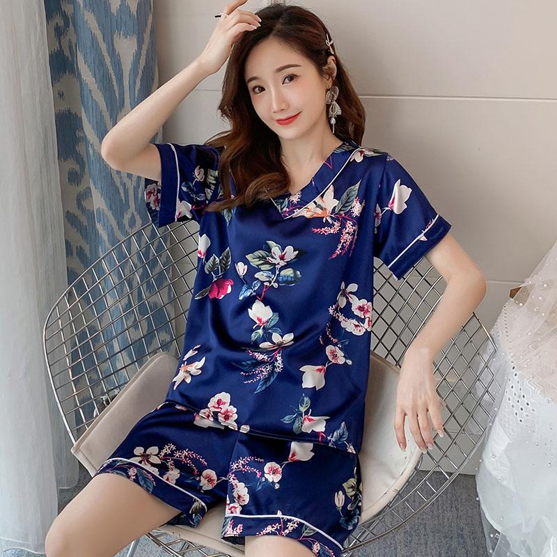 Summer Nightgown Thin Short-sleeved V-neck Artificial Silk Pajamas Set Korean Sweet Two-piece Suit Loungewear Sleepwear