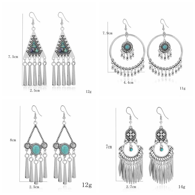 Vintage Ethnic Jewelry Bohemian Antique Silver Color Alloy Imitation Turquoise Tassel Earrings For Women's Party Accessories