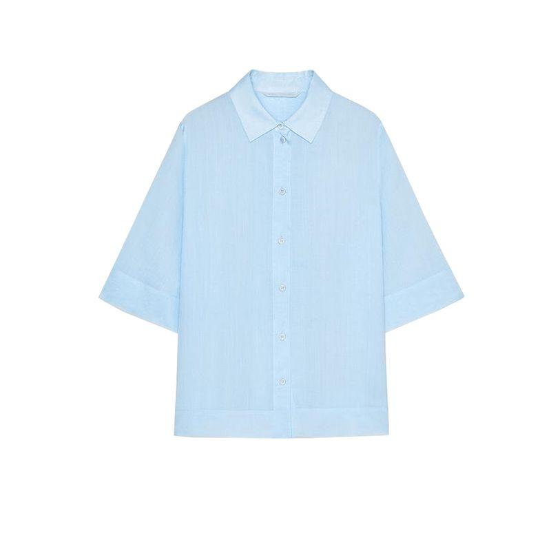 Summer New Product Women's Clothes Decorated Row Button Straight-leg Hem Lapel Short Sleeve Casual Temperament Shirt 3732927