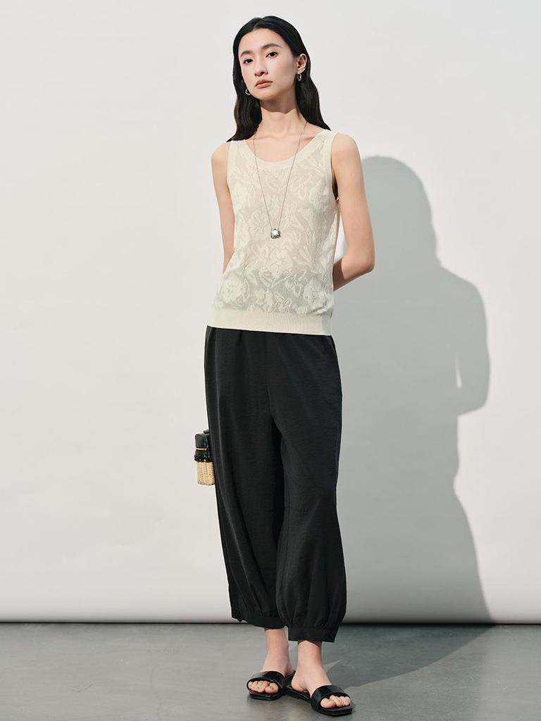 Elegant Women's Silk Jacquard Sleeveless Knit Top - High-Quality Summer Style