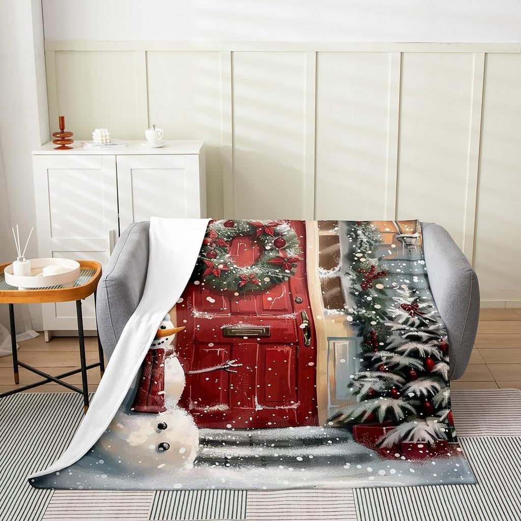 Winter Snowman Throw Blanket Cartoon Farmhouse Rustic Style Flannel Blanket for Kids Teens Adults Watercolor Pine Trees White