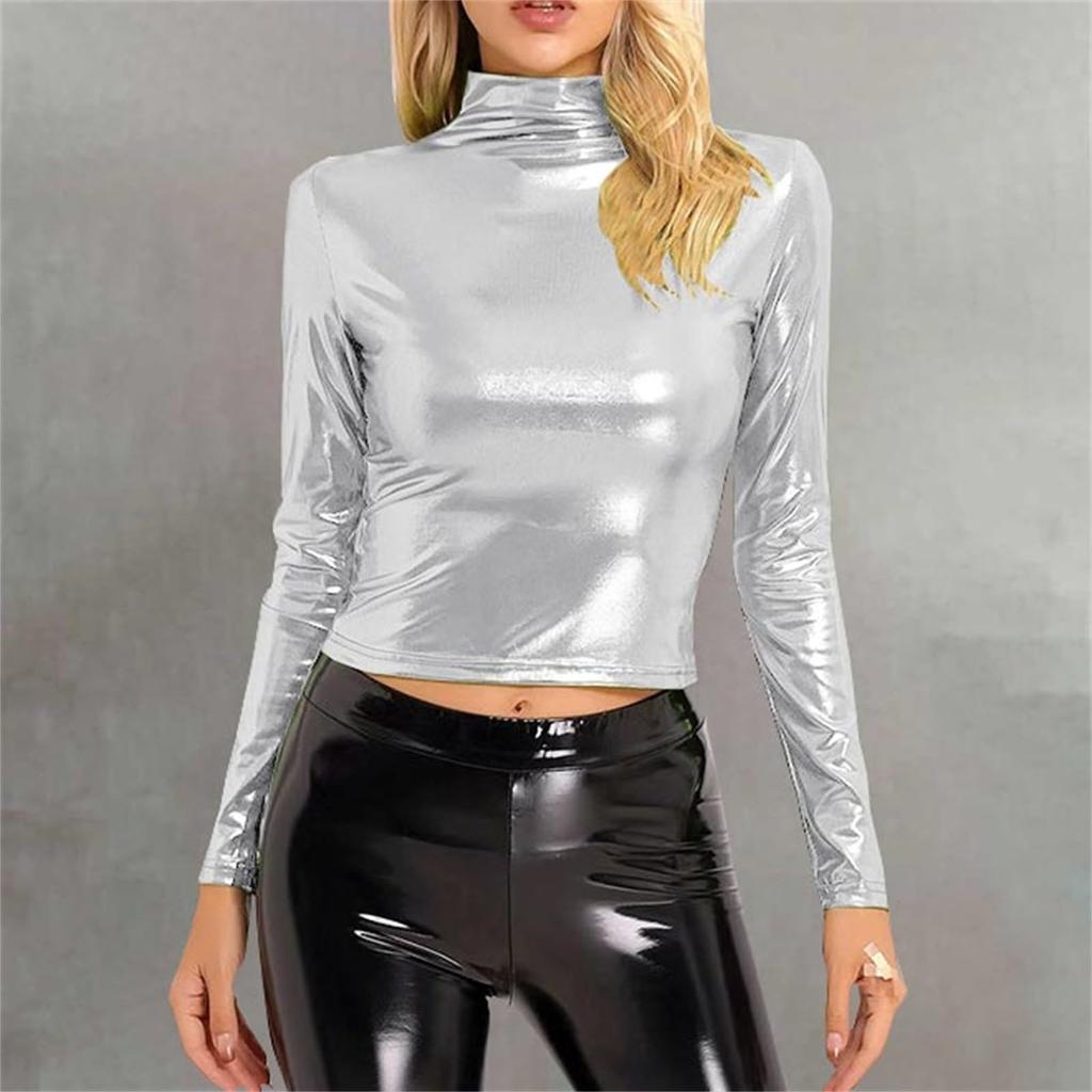 Women's Fashionable Color High Neck Long Sleeved Exposed Navel Sexy Tight Fitting Performance Outfit Top