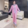 Autumn New Ice Silk Pajamas for Women Diamond Checkerboard Print Long-sleeved Trousers Home Clothes Suit Outer Wear
