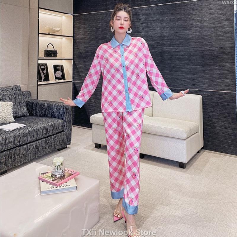 Autumn New Ice Silk Pajamas for Women Diamond Checkerboard Print Long-sleeved Trousers Home Clothes Suit Outer Wear