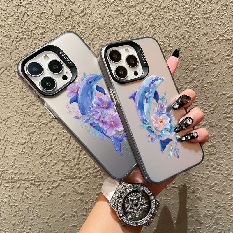Ins Cute Animal Dolphin Flower Laser Phone Case for IPhone 17 16 Pro Max 14 15 Pro Max Plus 13 Mini 12 11 Pro Max Cartoon Shells