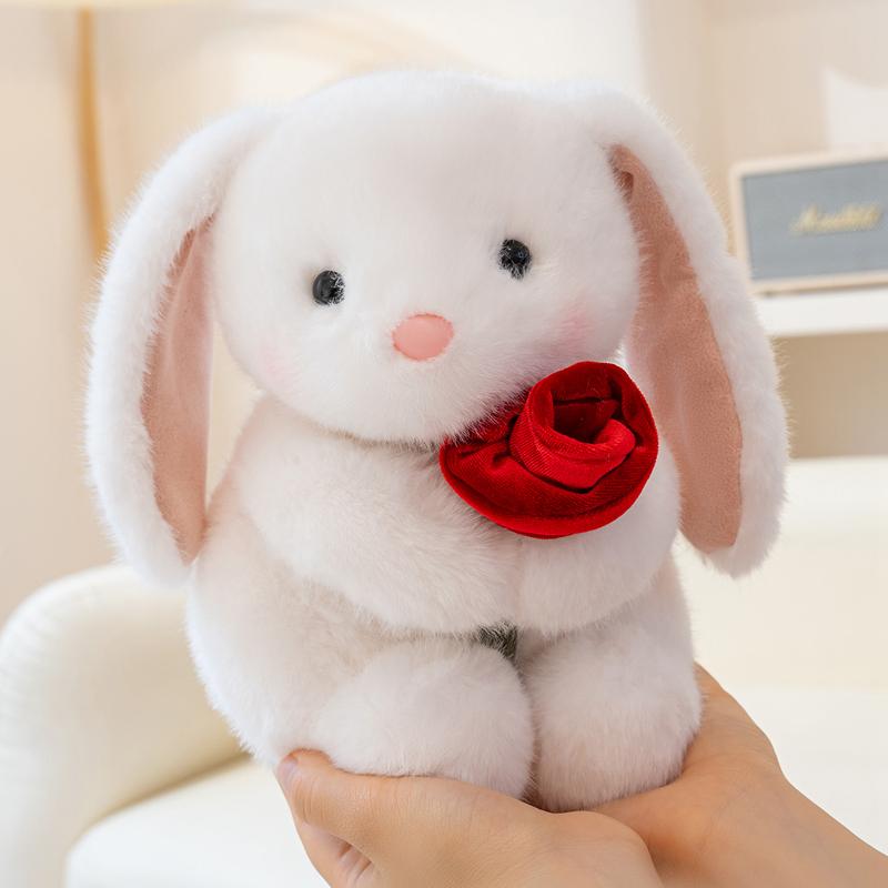 Graceful White Lop Ears Rabbit Plush Toy Holding Red Rose Say Love Cartoon Animal Plushie Sweet Girlfriend Gift