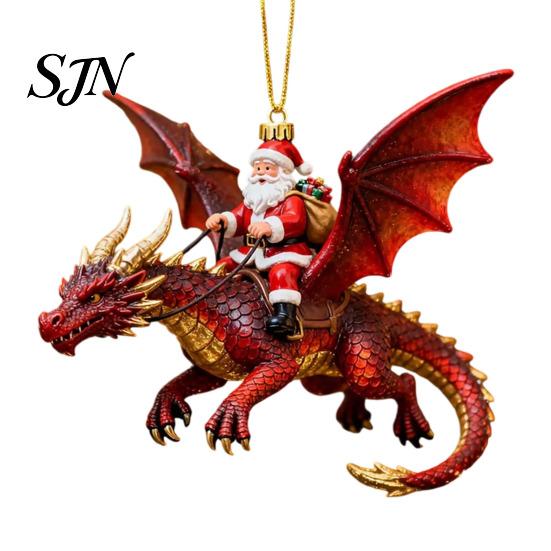 Xmas Tree Hanging Accessory Santa Claus Dragon Rider Christmas Ornament, 2D Acrylic Red Door Window Decor with Flying Decorations for Home Parties