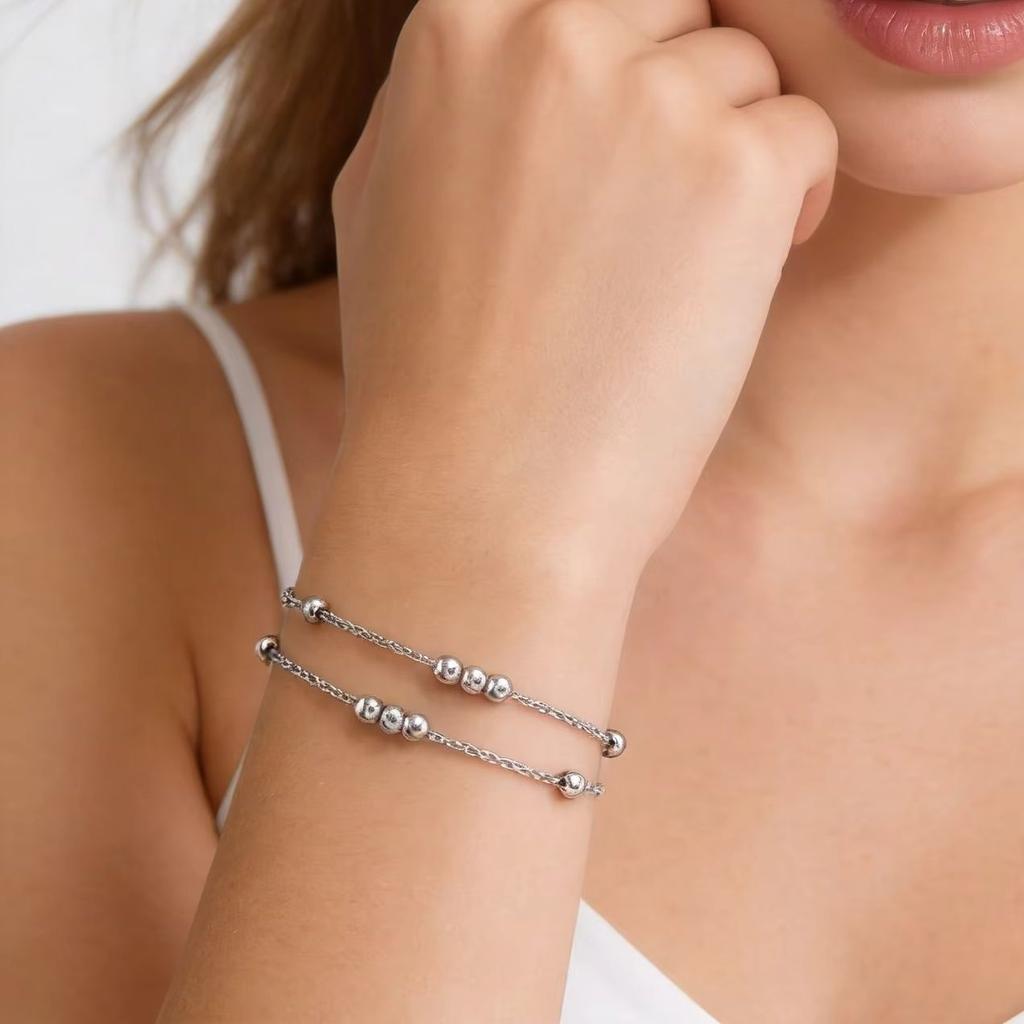 Gold Plated Double Layer Round Beads Bracelet, Stainless Steel Adjustable Thin Link Chain Bracelets, Luxury Jewelry for Women