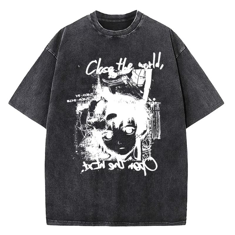 Women Japanese Anime Serial Experiments Lain Vintage Washed T Shirt High Quality Manga Short Sleeve T Shirt Women