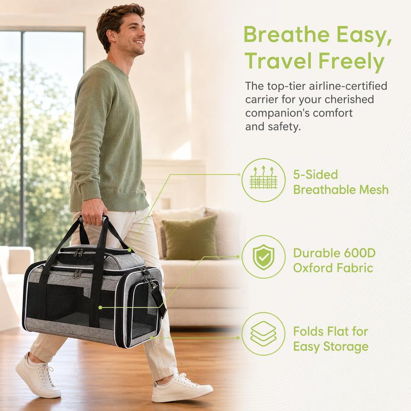 Foldable Pet Carrier Bag for Cats Small Dogs, Breathable Multi-Opening Soft Travel Tote with Padded Base and Safety Leash