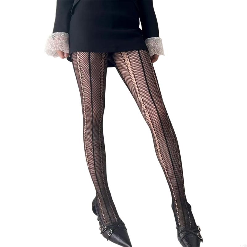 Womens Japanese Hollowed Out Tights Stockings Aesthetic Vertical Striped Patterned See Through Mesh Pantyhose