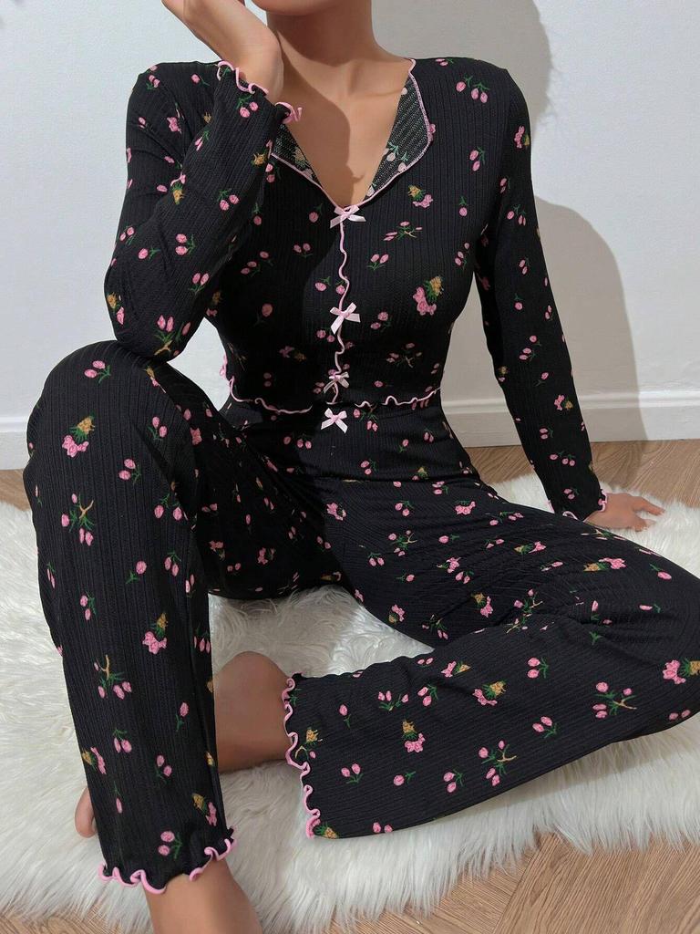Women's European & American Style Printed Pajama Set: Long Sleeve Top & Long Pants, Casual Home Wear, Wearable Outdoors.