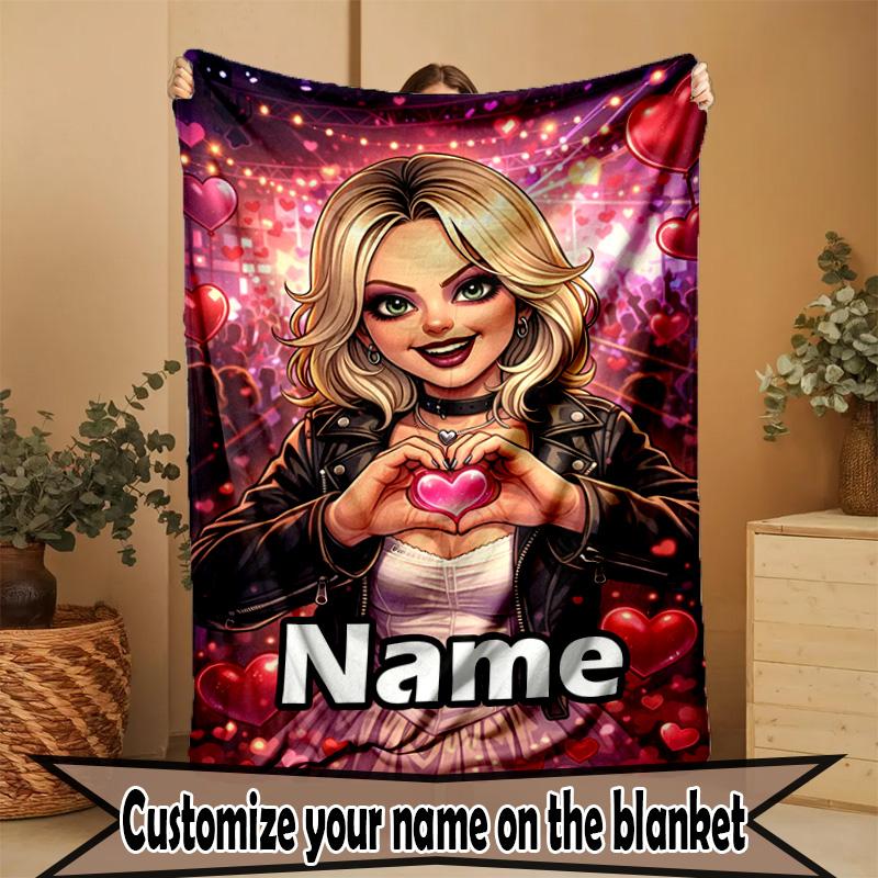 Custom Name Personalized Bride of Chucky Print Blanket, Home Decor, Bedroom, Sofa, Camping, Couch, Gifts for Birthday Christmas