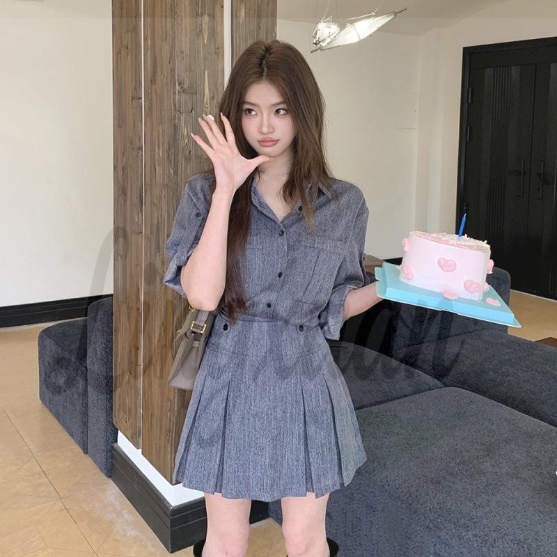 Spring/Summer 2026 Women s Faux Denim Shirt & Pleated Short Skirt Set S