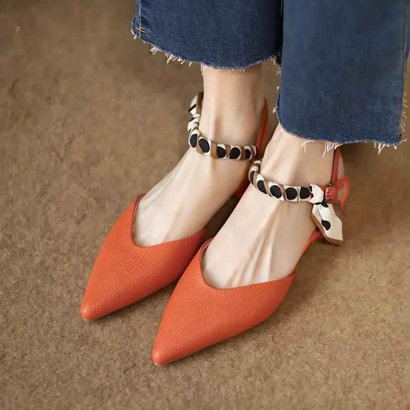 Fashion Summer 2024 Sandals for Women Office Work Outdoor Leather Pointed Toe Flat Rubber Buckles with Low Heels White No Heel Footwear