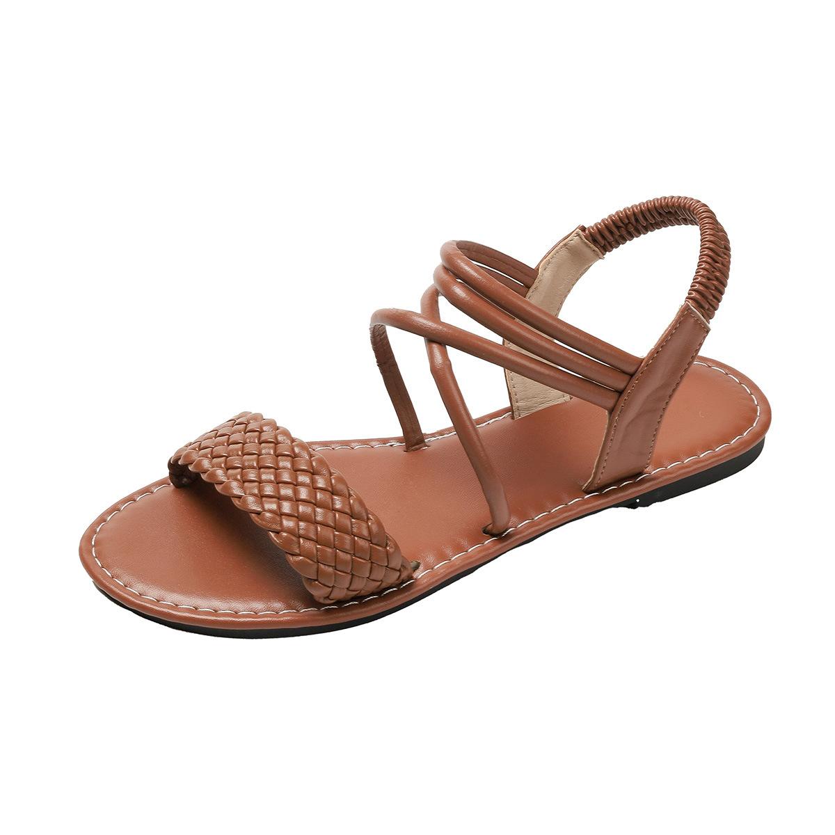

Сандалі великого розміру жіночі літні плетені сандалі на плоскій підошві модні універсальні казкові римські сандалі 43 світло-коричневого кольору