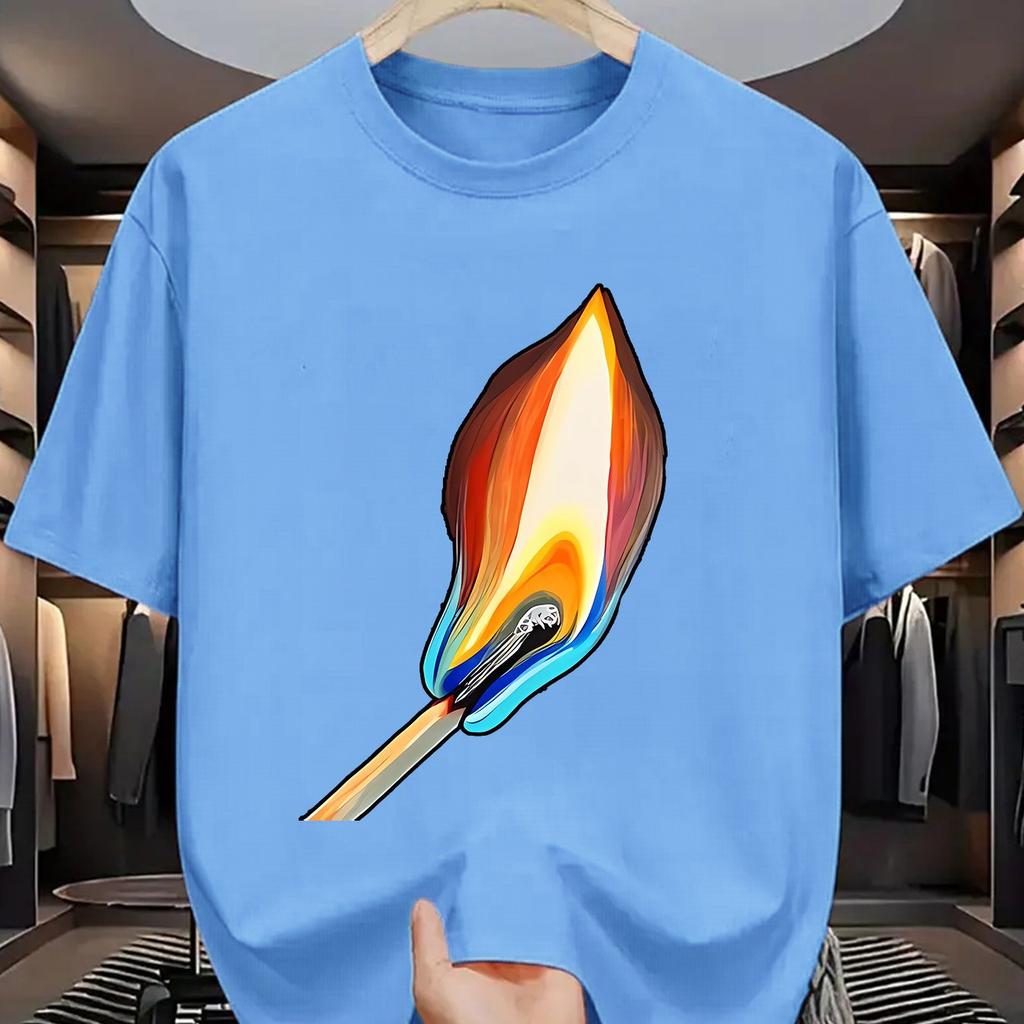Brennendes Streichholz Grafikdruck Herren Baumwoll T-Shirt Lässig Kurzarm Rundhalsausschnitt Sommer T-Shirt