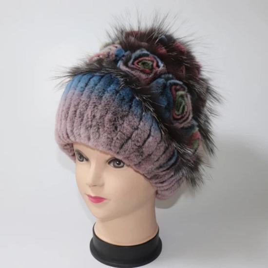 Winter Hand Knitted Real Rex Rabbit Fur Hat Women Warm Quality Rex Rabbit Fur Hats With Fox Fur Lady Natural Soft Real Fur Caps