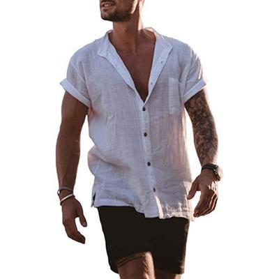 Herren Leinen Baumwolle Kurzarm Button-Down Freizeithemd