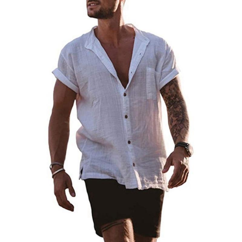 Mens Linen Cotton Short Sleeve Button Down Casual Shirt S белый