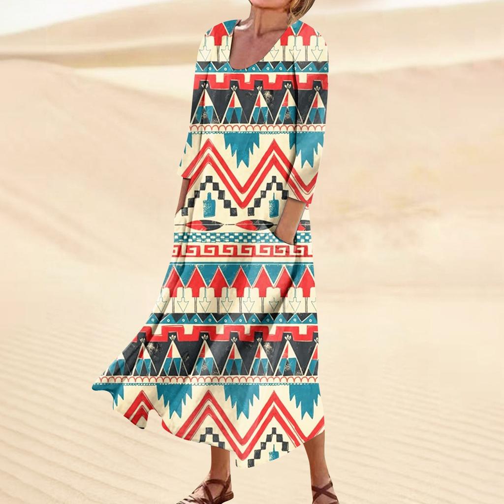 Robe pour femmes printemps Boho décontracté mode manches 3/4 robe pour vacances grande taille