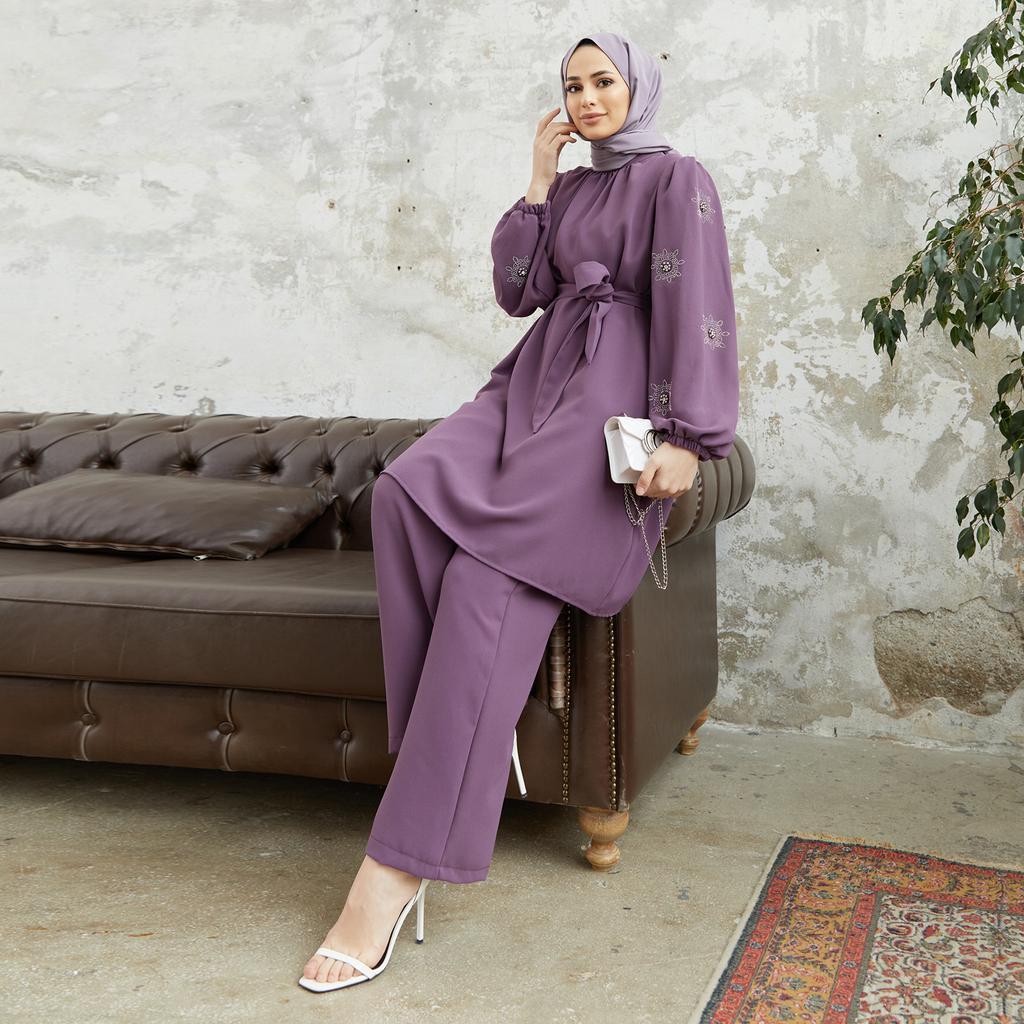 Women Sleeves Stone Tunic Pants Suit Hijab Clothing Mila Combine