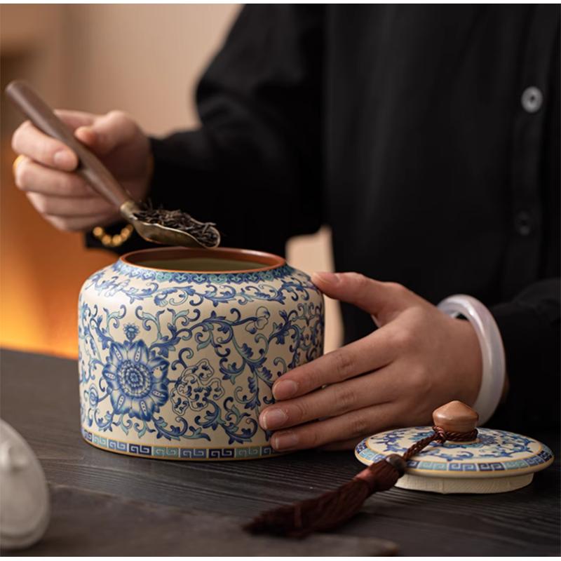 Keramická dóza na čajové lístky Modrobílá porcelánová dóza na cukroví Multifunkční domácí úložná krabička na kávová zrna, ořechy, bylinky Domácí dekorace