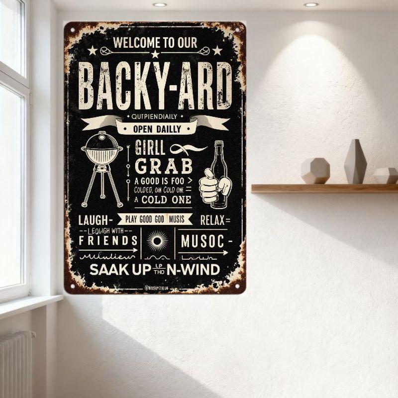 Vintage Rustic Black Metal Sign Retro Backyard Grill Beer Thumbs-Up Art, Welcome To Our Backyard Typo-Infused Outdoor Gathering