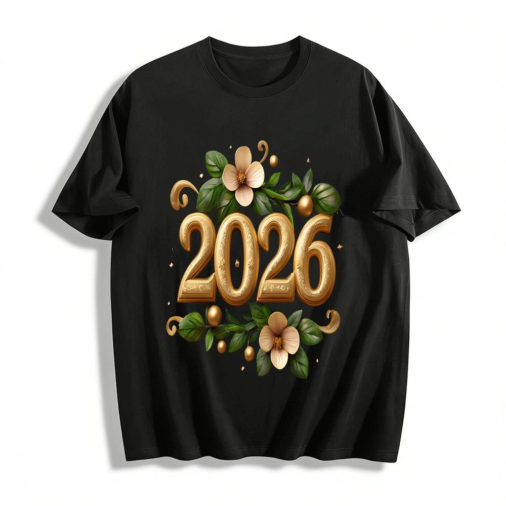 2026 New Year Floral Gold Print Casual Versatile Long Sleeve Top Pure cotton T-shirt XXS