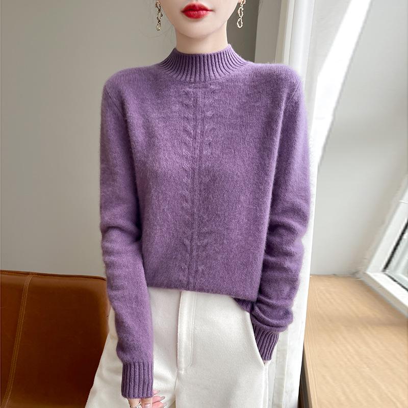 Autumn & Winter Women's Thick Wool Half-High Collar Pullover Sweater - Loose, Solid Color, Versatile Knit.