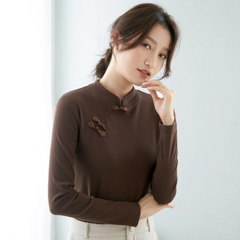

Футболка с длинным рукавом и полуводолазкой, утолщенная, для женщин, осень и зима, тонкая, новая, в китайском стиле, однотонная, в стиле футболки XXL коричневый