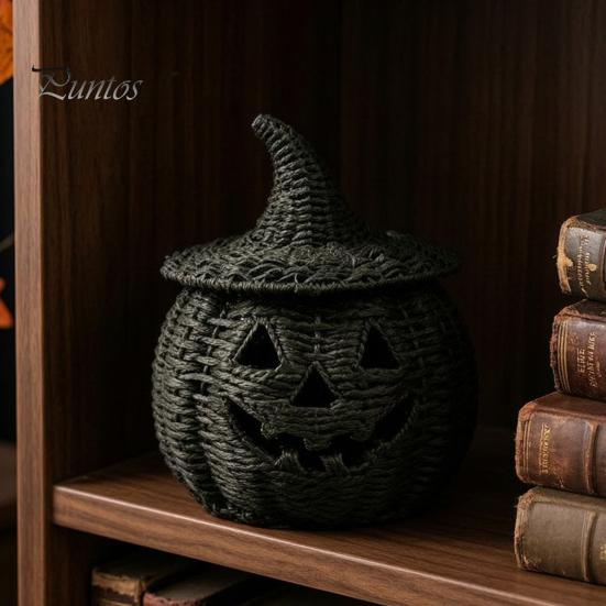 Black Braided Halloween Prop Handwoven Pumpkin Basket with Witch Hat Lid, Rustic Wicker Trick Fall Housewarming Gifts or Treat Bucket for Indoor