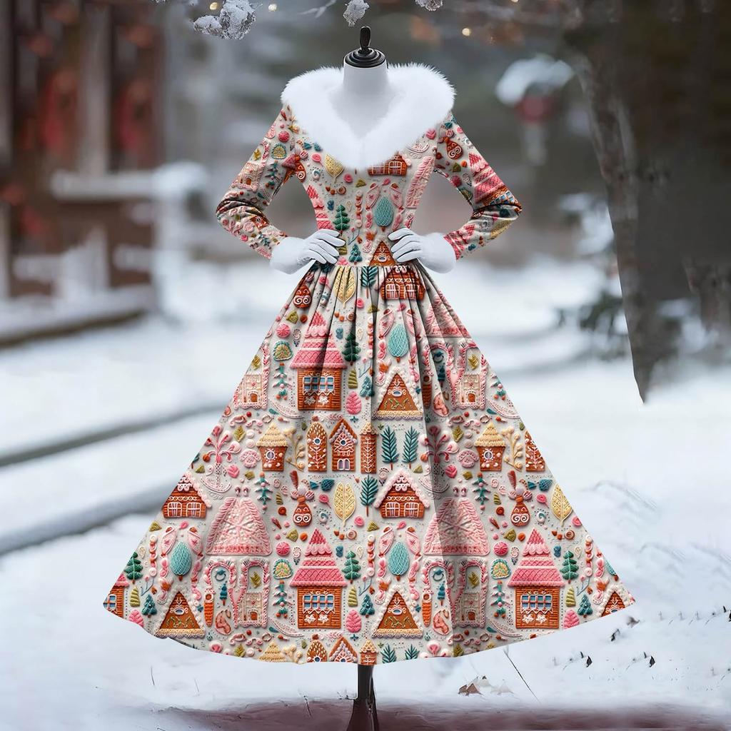Women's Casual Dress Long-Sleeve V-Neck Patchwork Fleece Christmas Print Dress