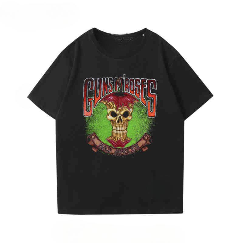 2024 New Fashion Gunsn Rose Men's and Women's Short Sleeve Vintage Rose Print Vintage High Street Loose Casual T-shirt
