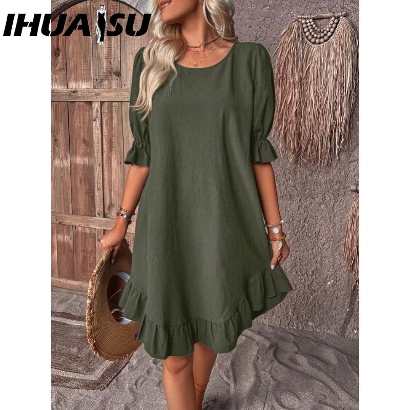 IHUASU Women's Fashion Summer Spring Solid Color Print Short Sleeve V-Neck High Waist Casual Dresses