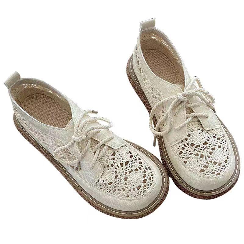 Retro forest style mesh sneakers woman casual lace up flats 3cm thick bottom cut-outs knitting loafers round toe hollow out shoe