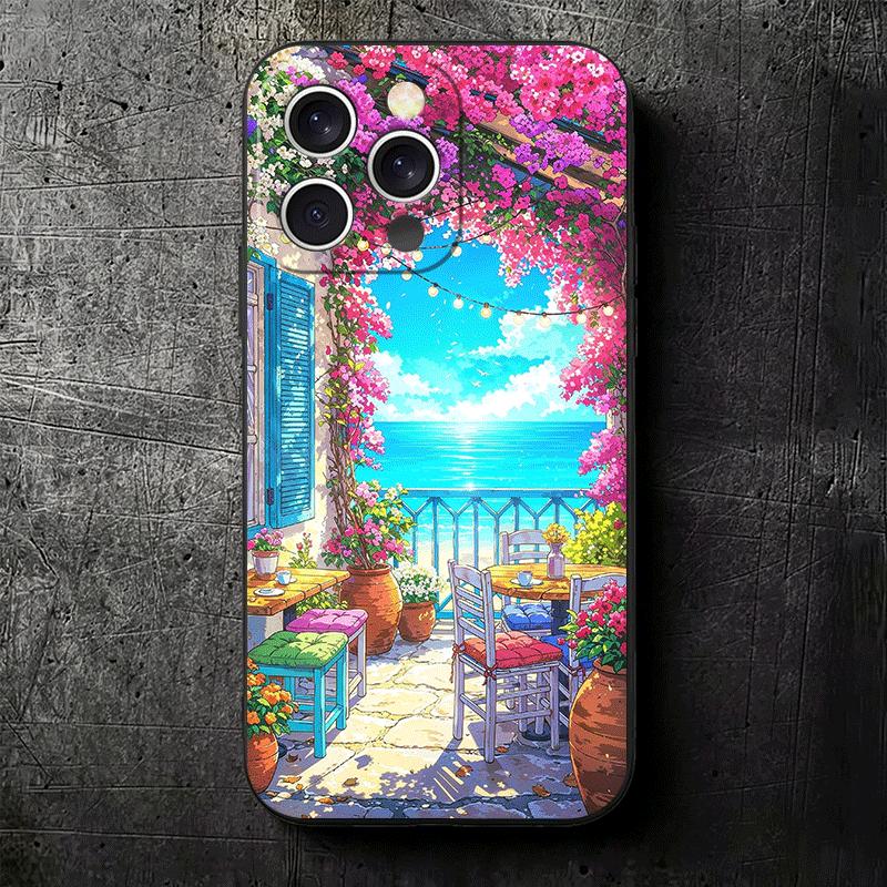 Anime Aesthetic Scenery Soft Phone Case for iPhone 16 16E 17 Air 15 Pro Max 14 Plus 13 Mini 11 12 7 Black Cover Back Shell