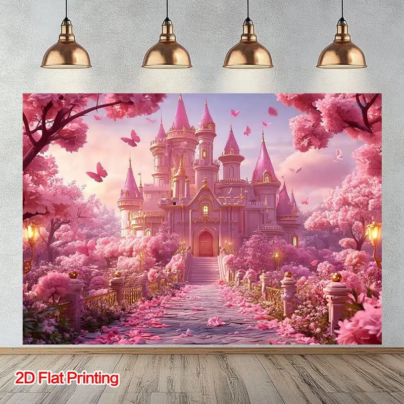 

2D Fairytale Pink Castle Backdrop, 2D Flat Magical Garden & Butterfly Background for Princess Themed Party Decoration 47.2x31.5inch/120*80cm