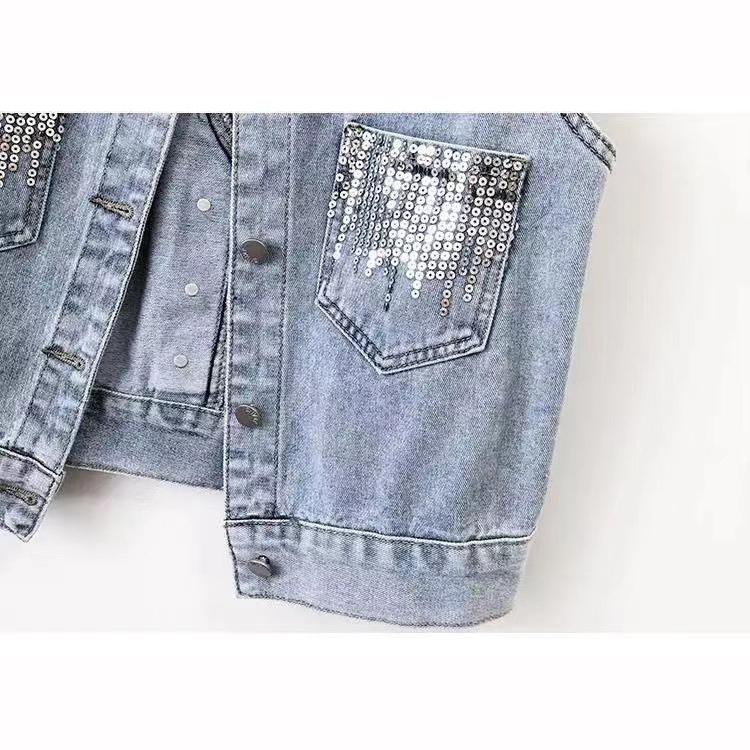 Fashion Design Sequins Summer Autumn Women's Waistcoat Korean Leeveless Denim Jeans Jacket Vest