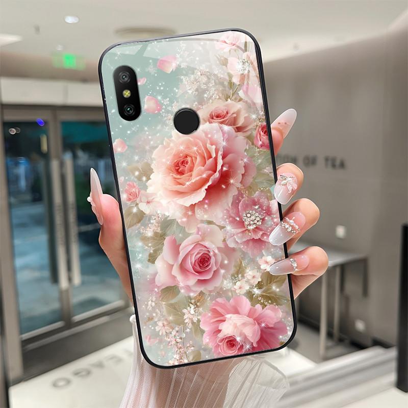 Beautiful Flower Cute Cartoon Cats Case For Xiaomi Mi A2 / Mi A2 Lite Tempered Glass Phone Case Protective Back Cover Hard Shell