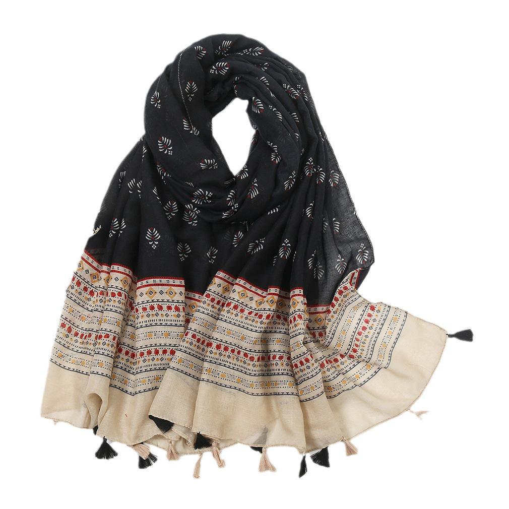 Retro Mori Girl Japanischer Literarischer Baumwolle Leinen Quasten Schal - Vielseitiger Sonnenschutzschal mit Druck Patchwork