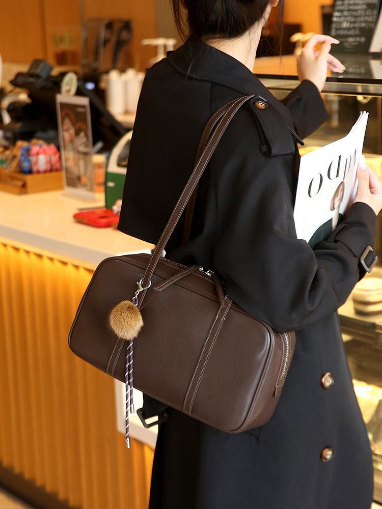 Women's Elegant Genuine Leather Bowling Bag - Large Capacity, Versatile Commuter Style, New 2026 Design with Shoulder Strap