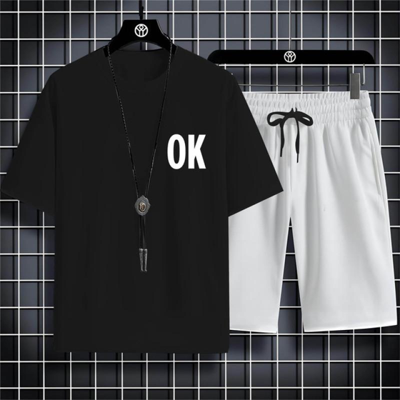 Summer Fashion Casual Sports Style Alphabet Ok Printed Men'S Round Neck Short Sleeve T-Shirt Drawstring Shorts Beach Suit