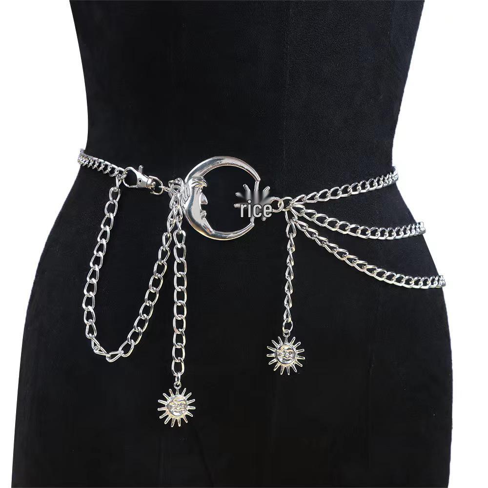 European & American Hip-Hop Metal Moon Body Chain with Tassel & Sun Pendant