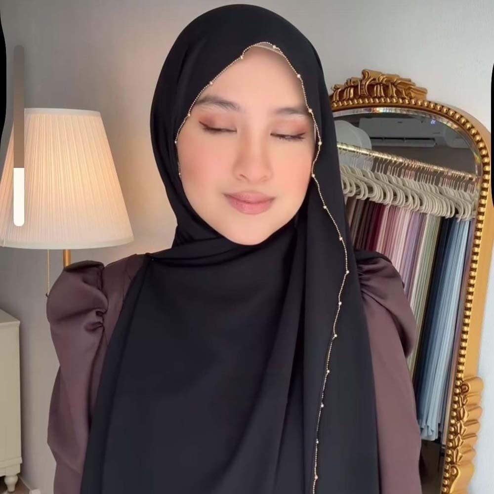 Breathable Printed Tail Turban Hijab Chiffon Large Shawl Fashion Colorful Beaded Headscarf  Daily