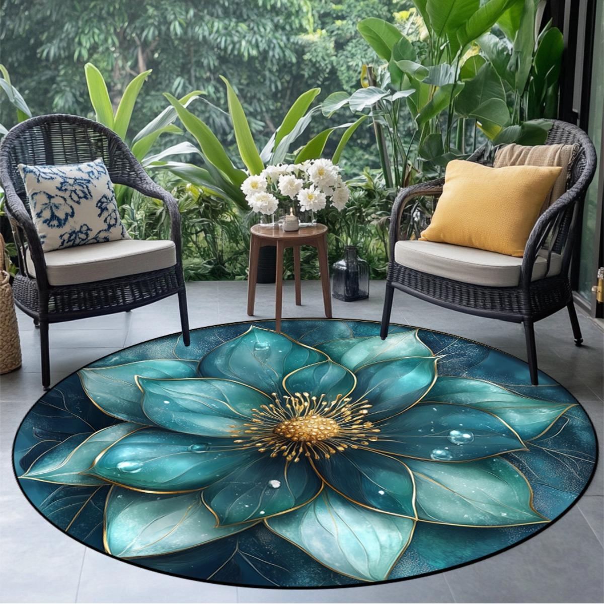 

HKStorage Luxe Round Carpet, Blue-Green Floral Print, Lightweight Fade-Resistant Polyester, Modern Home Decor 60cm